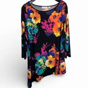 Susan Graver Large Tropical Floral Asymmetrical Tunic Top Blouse Summer 3/4 SLV